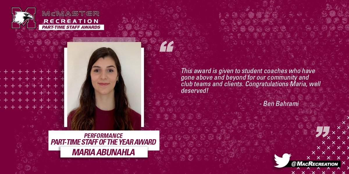 MacRecreation's tweet photo. Congratulations to Maria Abunahla, recipient of the McMaster Performance Part-Time Staff of the Year Award

#MacRecreation https://t.co/0HFomhOkp4