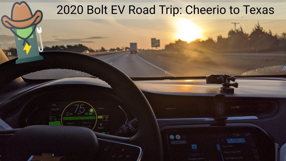 PlugandplayEV's tweet photo. Next leg of the #EVroadtrip for #FullyChargedUSA in the 2020 #ChevyBolt, heading up and out of Texas with @ElectrifyAm.
This one pits "short & sweet" charge stops vs. "sit and linger" ones. Check out https://t.co/8kRigWPR57 to see what we found. #ElectricVehicles #BoltEV https://t.co/HNgWOEKLoJ