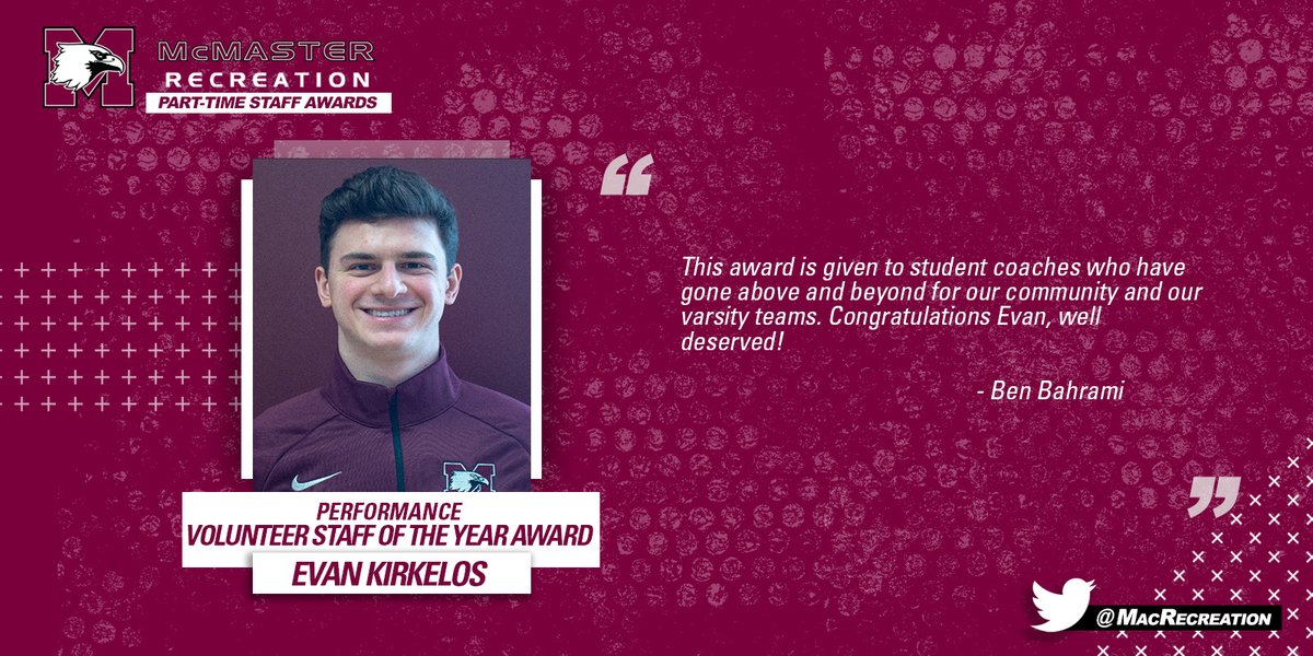 MacRecreation's tweet photo. Congratulations to Evan Kirkelos, recipient of the McMaster Performance Volunteer Staff of the Year Award!

#MacRecreation https://t.co/ko7CYMhHMk