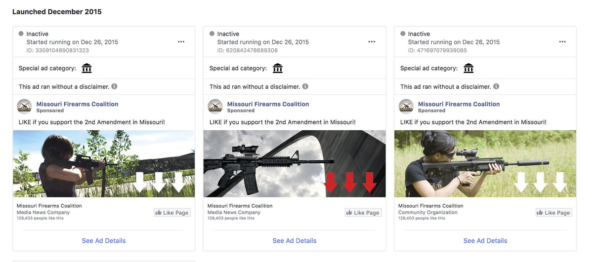 So the Dorr family Facebook pages are running ads. The Missouri Firearms Coalition page (129,403 likes) ran ads dating back to 2015.Ok I think I'm done digging in this crazy rabbit hole. Would be nice if Zuckerberg nuked this circus, if he can part with all the Dorr ad $$$ 