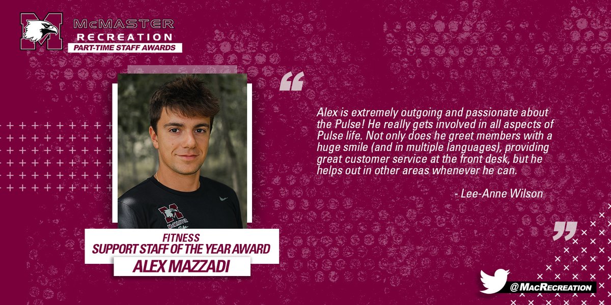 MacRecreation's tweet photo. Congratulations to Alexander Mazzadi, recipient of the Pulse Support Staff of the Year Award!

#MacRecreation https://t.co/spcYIoBZ5L