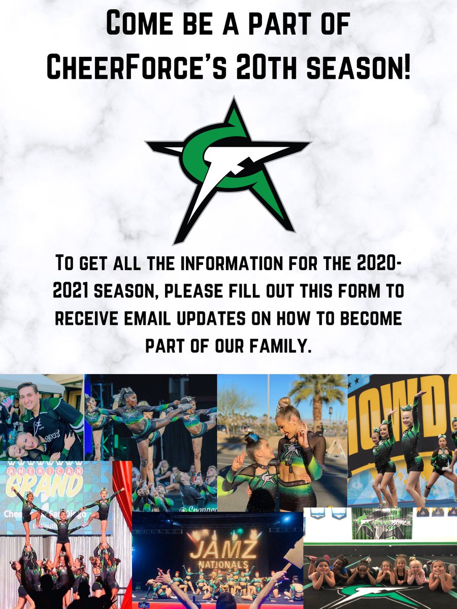 CheerForceSD's tweet photo. We want you to be a part of our family for CheerForce’s 20th season! Please fill out the form which can be found in the link in our bio to receive more information about the 2020-2021 season! 💚 #OneNationUnderGreen https://t.co/TFnNXoaLaH