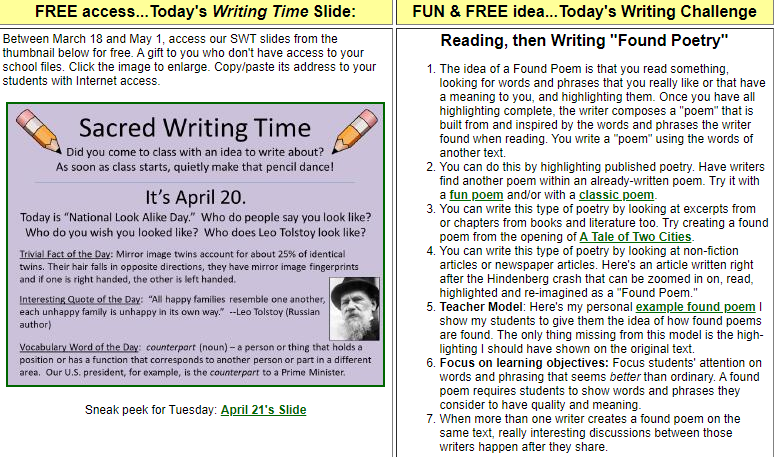 WritingFix's tweet image. Monday's ideas for writing at home w/students are posted and ready at #AlwaysWrite: corbettharrison.com/index.html

We have a warm-up slide, a daily challenge that combines reading and writing, and a story prompt for K-5 writers. Let's keep them writing! #BetterTogether #WritingPrompts