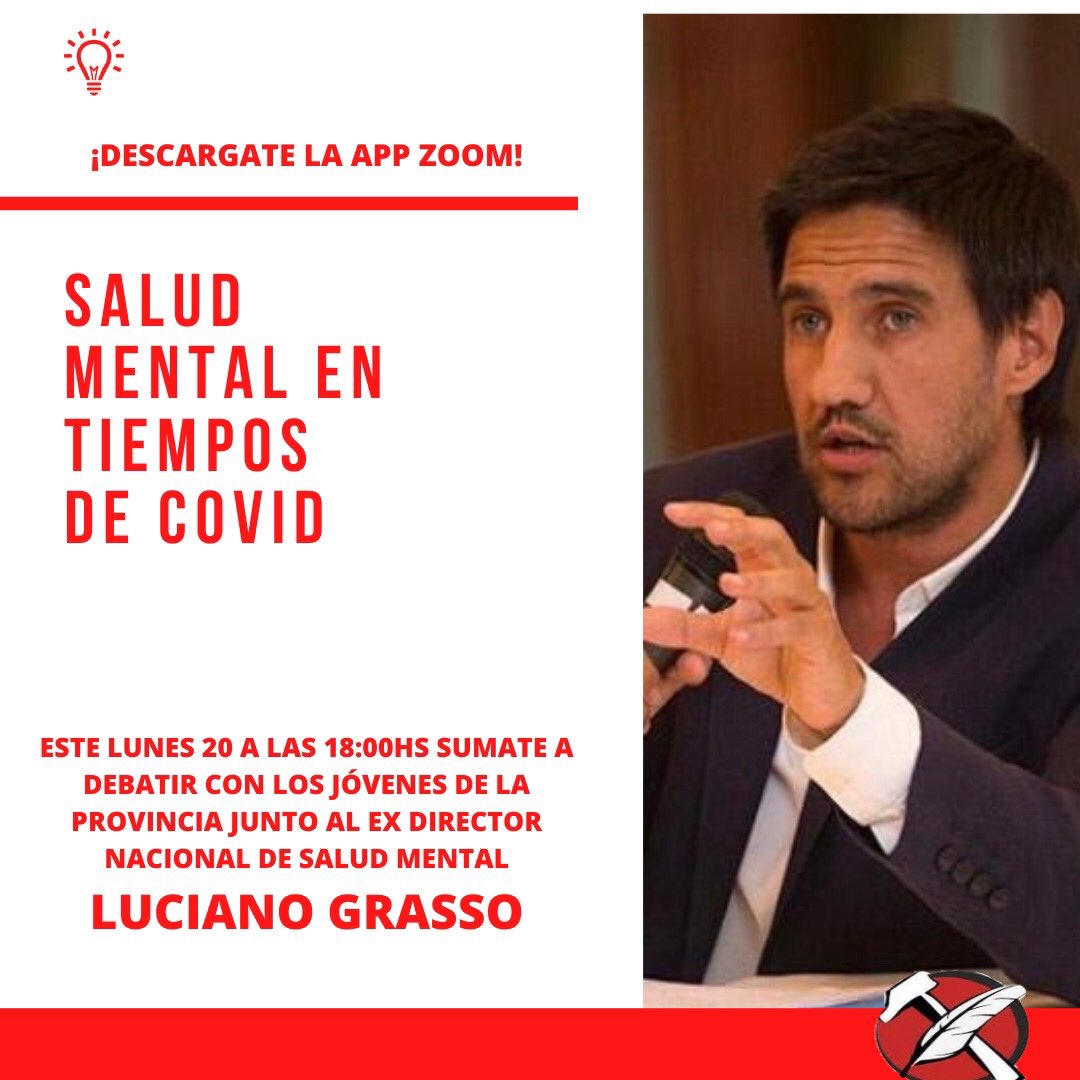 JuventudMar's tweet photo. Este lunes a las 18:00hs te invitamos a debatir vía zoom con los jóvenes de la provincia sobre salud mental junto con el ex Director Nacional de Salud Mental @lucho.grasso 
Para sumarte mandamos un mensaje ! https://t.co/1WA5abFJFa