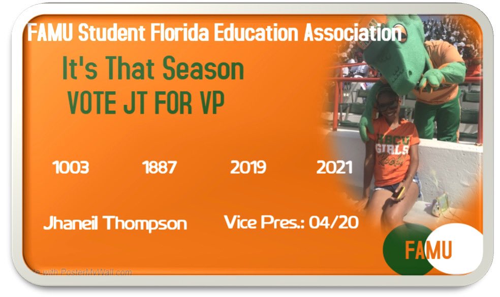 FAMUSFEA's tweet photo. It’s that season to vote JT for VP this campaign season! I am a third year Elem.  Education scholar from Ft.Lauderdale, Florida by way of St. James,Jamaica. I am a passionate leader who is willing to go above and beyond to satisfy all requirements needed to fulfill this position. https://t.co/52qB2OYqRW