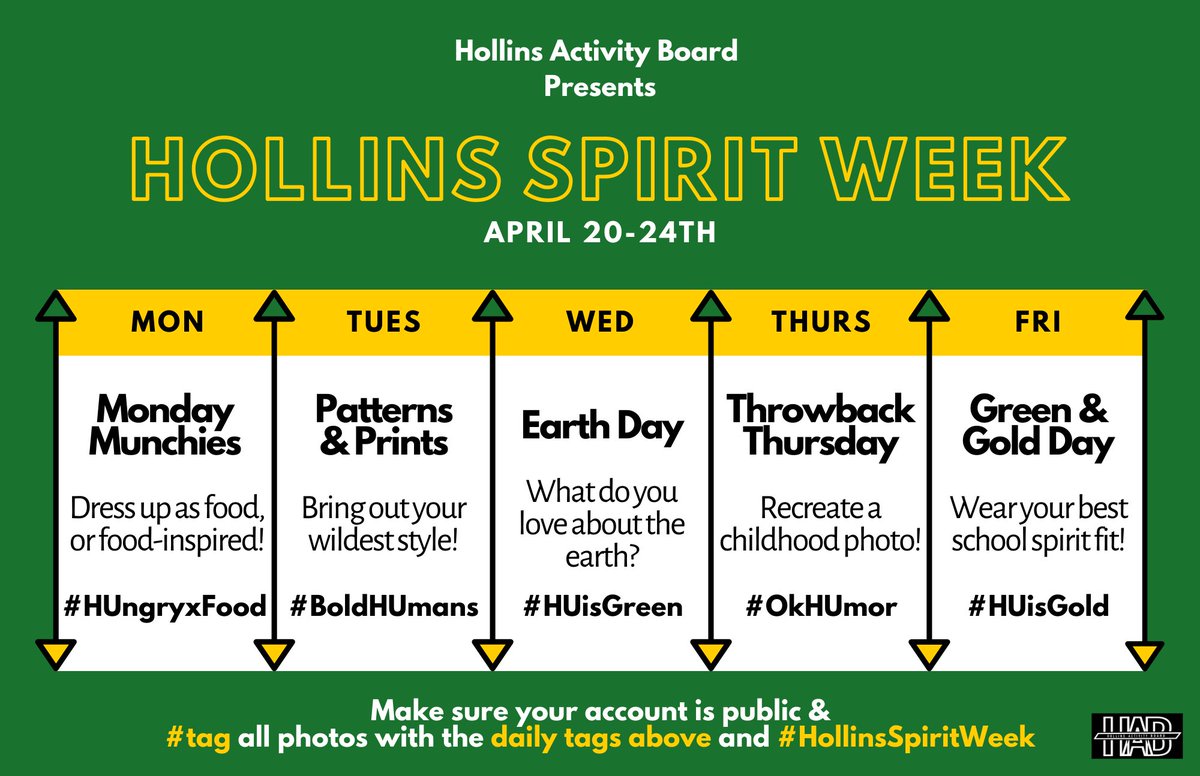 HollinsHAB's tweet photo. Spirit week starts TOMORROW!!!! Don’t forget get to use the HAB hashtags so that we can see your Hollins Spirit!💛💚💛💚 https://t.co/XSclbE80a7