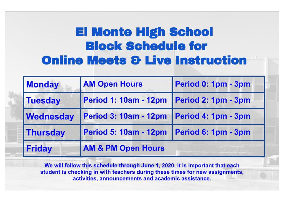 ElMonteLions's tweet photo. Lions, here is our schedule for the remainder of the school year, let’s make sure we are checking in with teachers following this new block schedule. #1since1901 #StayHealthy https://t.co/BnWcZmoyRg
