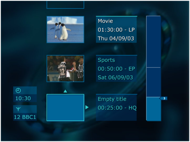 (The bar on the right and tuner/timer info on the left are only visible in the recorder UI, the thumbnails, title info and navigation arrows are also visible when you put this disc in a DVD player)