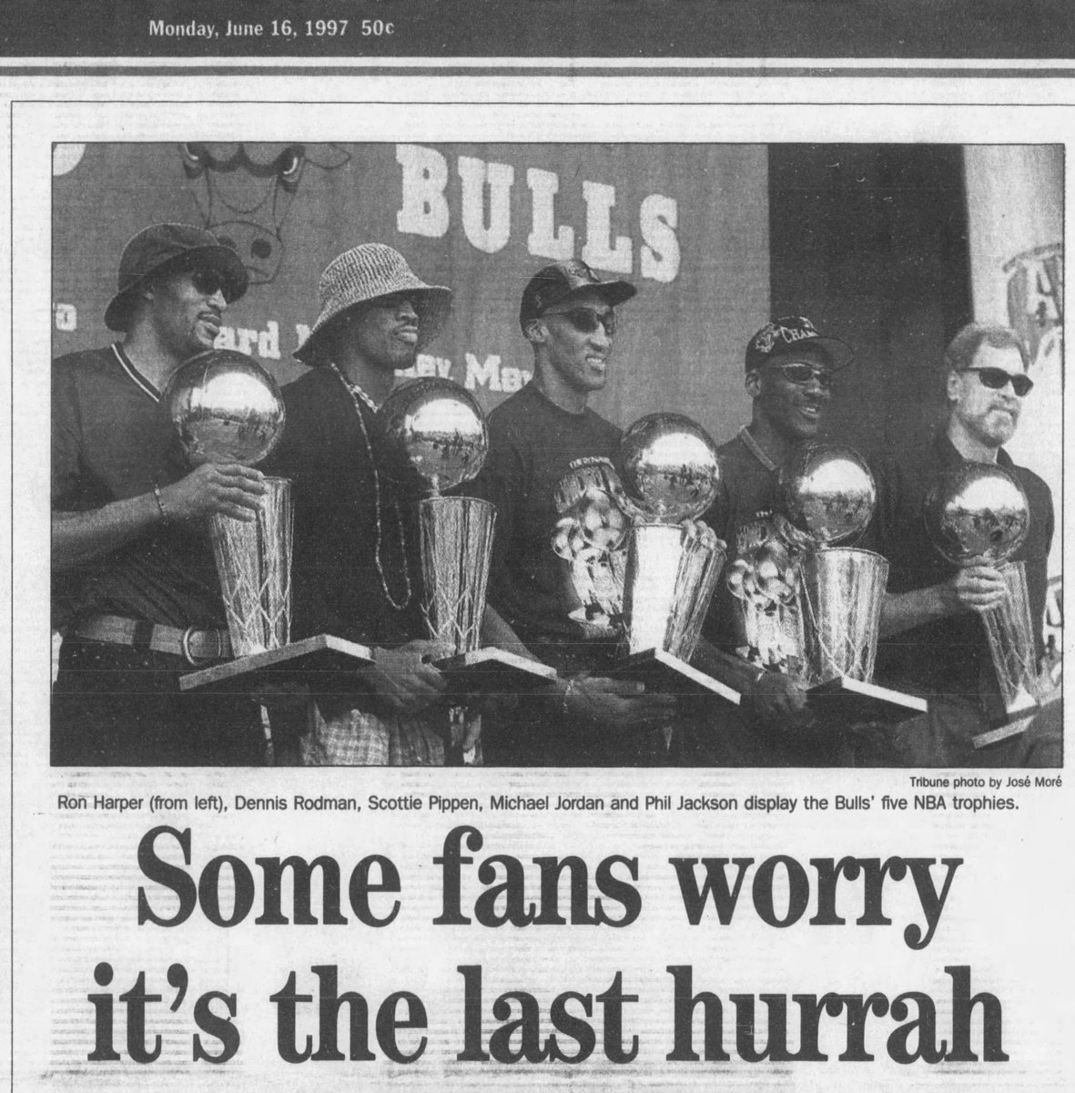 Buckle up, Bulls fans. Before we watch the first night of  #TheLastDance, let's run through the circumstances that led us there.It starts June 15, 1997, at Grant Park and the rally for the team's 5th championship in seven years, with Jordan, Rodman and Jackson unsigned.