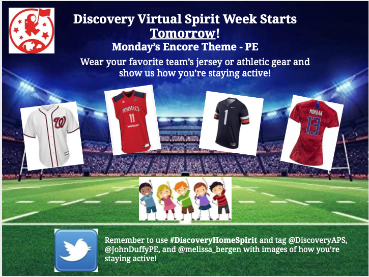 Join <a href="/DiscoveryAPS/">Discovery APS</a> for #DiscoveryHomeSpirit this coming week. We kick off tomorrow (Monday) with our PE theme: Wear your favorite team's jersey or athletic gear and show us how you're staying active! Be sure to use the hashtag above and mention us for retweets! <a href="/APSVirginia/">Arlington Public Schools</a>