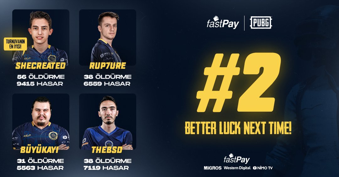 fastPay PUBG Türkiye Şampiyonası'nı 2. sırada bitirdik.🥈
Şampiyon @BlazeEspor ve katılan tüm takımları tebrik ederiz.

#GOWILD🐆 #PUBG #poweredbyGPT