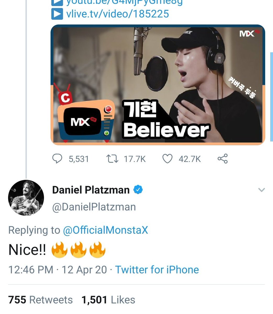 MONBEBEnt's tweet photo. .@DanielPlatzman another member of Imagine Dragons noticed Kihyun's cover of "Believer" and replied to it saying "Nice!! 🔥🔥".

@OfficialMonstaX 
@official__wonho https://t.co/9IqkI4TQ01