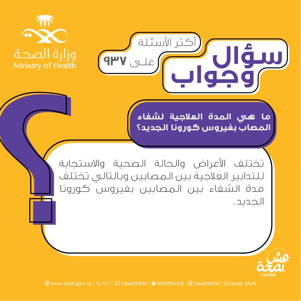 من #أسئلة_كورونا المتداولة، 
كم المدة العلاجية لشفاء المصاب بفيروس #كورونا الجديد ؟