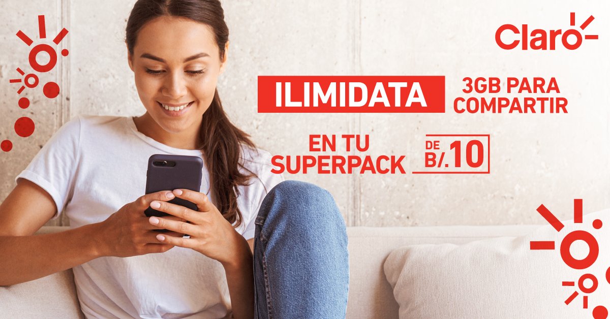 ClaroPanama's tweet photo. Aprovecha YA del #Superpack de B/.10 que tiene 14 días de #ilimiDATA💥 Lo mejor de todo es que no tienes que moverte de tu casa, Actívalo marcando *123#📲 Descubre más en el siguiente link👉🏻https://t.co/wyDP1f42jP #SomosClaro #QuédateEnCasa https://t.co/c9sk6c8nYf