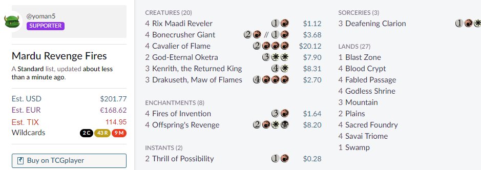 Deck 36 Mardu Fires with Offspring's Revenge Backup engine to try and cheat mana, kenrith can also reanimate. Might be too cute https://scryfall.com/@yoman5/decks/8df32c59-3b1c-4f86-870c-982370783cea