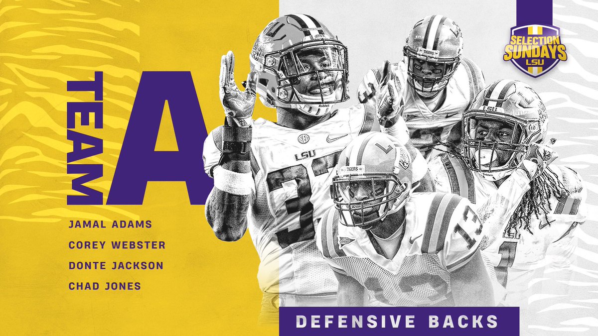 LSUFBrecruiting's tweet photo. We all know that LSU is #DBU! 
Below is a combination of some of the best Defensive Backs to wear purple &amp; gold in the last 25 years. 

Select your choice of who you think would be the best Defensive Back Unit. Let’s debate! https://t.co/l1qRNKtwZ3