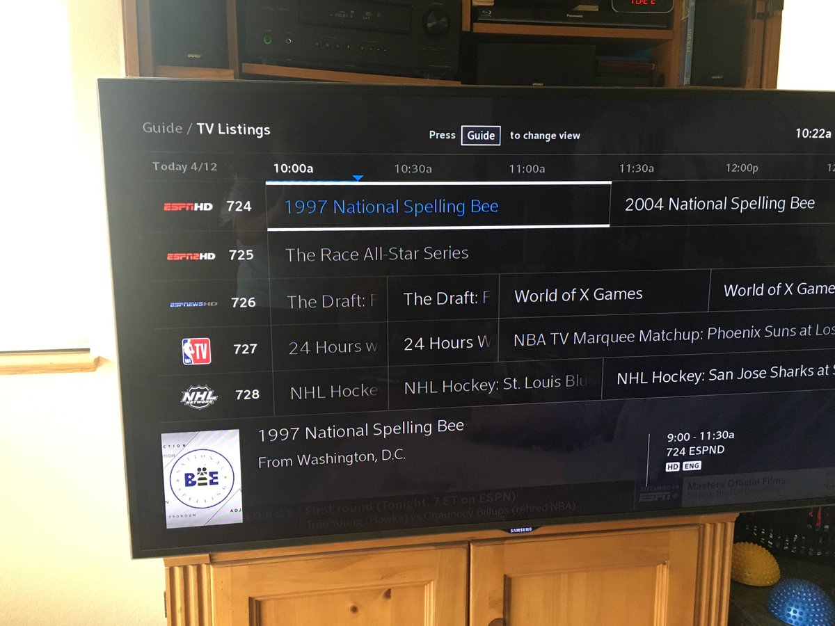 #groundhogday 26 - ⁦<a href="/espn/">ESPN</a>⁩ 2020 Sunday morning sports lineup - the 1997 Spelling Bee (remember that one, riveting, the 2.5 hours flew past) and simulation virtual racing. Amazing how life has changed. Enticing entertainment options, but going for a dog walk soon. Stay Safe