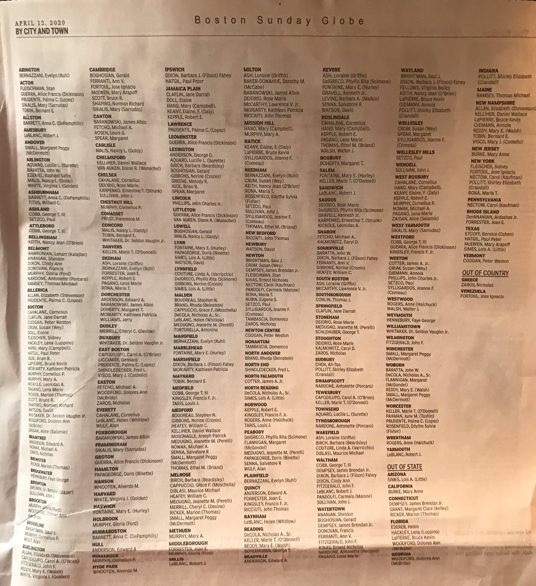 The notices in today's Sunday  @BostonGlobe represent 127 cities and towns across all of  #Massachusetts, mostly Eastern Mass. It also includes notices from 14 other states (33 total) and 2 notices from outside of US (Greece and Venezuela) of lost lives with connections to Mass.