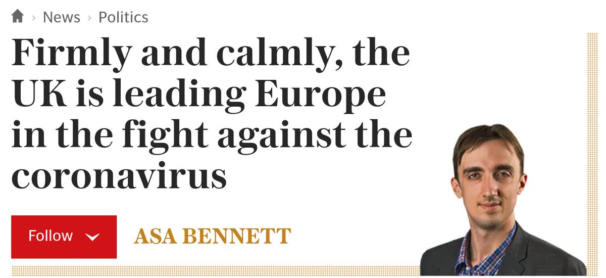 alanferrier's tweet photo. If by "leading" the Daily Telegraph means "on track to have the highest death rate per capita of any country in Europe, if not the world", then it's spot on.
https://t.co/7zRnk5fL9z https://t.co/XNBEckQO7C