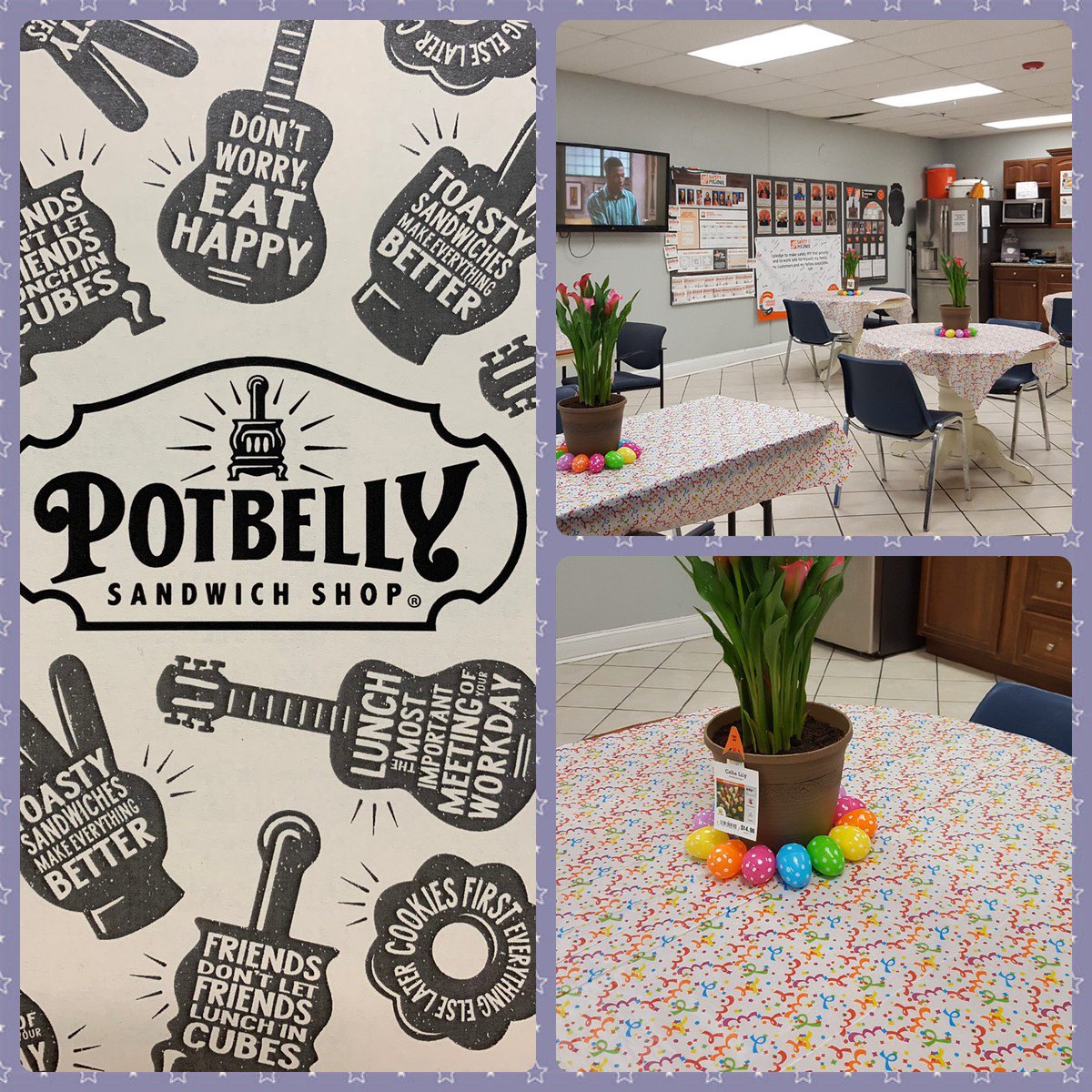 Happy Easter 🐣🐰🐇 🐤to all our Amazing Associates 🧡 Hot Sandwiches 🥪, chips, and cookies 🍪 provided today by <a href="/Potbelly/">Potbelly Sandwich Works</a> #StrongerTogether #EasterSunday #DecorationsByDona 👏 #WhatstheChickdoingnow🐣