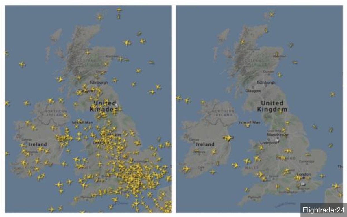 kiwanja's tweet photo. Purely from an environmental perspective - not one of jobs or economics - this is what the planet needs if we're to combat the #ClimateEmergency. (April 2019 vs. April 2020 flights over the UK).

How can we return to some kind of economic/ecological balance when this is all over? https://t.co/NW2kfryAkm