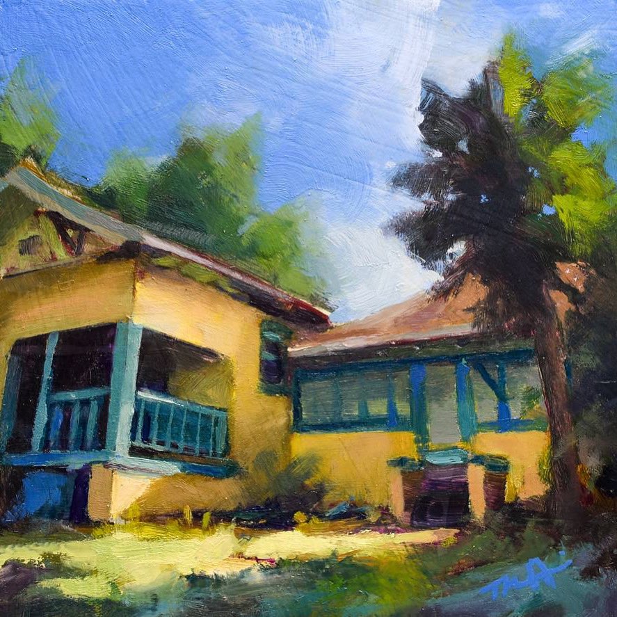 A bright colorful architecture/landscape study. 6”x6” oil on Panel. Limited Palette, 3 colors+White