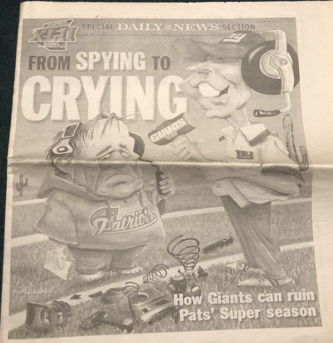 This was the cover of the N.Y. Daily News special section the day before Super Bowl XLII, where our great team of football writers ( @RichCimini,  @XNYDNHankGola,  @NotoriousOHM,  @GaryMyersNY, etc.) painstakingly mapped out the path to a Giants upset.