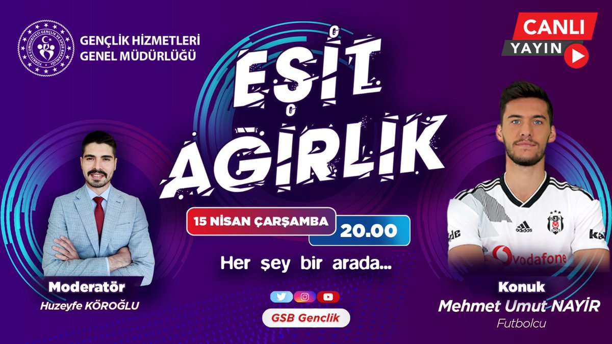 Çarşamba ve Cuma akşamlarının vazgeçilmezi #EşitAğırlık tüm hızıyla devam ediyor.

Twitter ve YouTube kanalımızdan canlı yayınlanan #EşitAğırlık’ta haftanın ilk konuğu, <a href="/Besiktas/">Beşiktaş JK</a>’ın golcüsü Umut Nayir! (<a href="/UmtNayr/">M.Umut Nayir</a>)⚽️

⏰ 15 Nisan Çarşamba günü saat 20.00👇
YouTube.com/gsbgenclik
