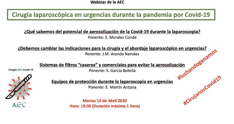 Nuevo webinar de la <a href="/aecirujanos/">aecirujanos</a> el martes 14 a las 19.30...”laparoscopia en urgencias en tiempos de #covid19”....esperemos que os sea útil  <a href="/asacirujanos/">asacirujanos</a> <a href="/scmi_itec/">aec_cmi</a> <a href="/StcuaeC/">AECUrg</a> <a href="/SIQ_aecirujanos/">SIQ de la AEC</a>