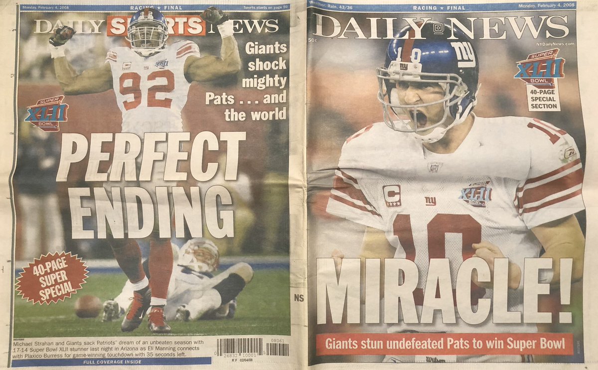 In the moments after the stunning upset in Super Bowl XLII, this was the very early back and front cover of the N.Y. Daily News.