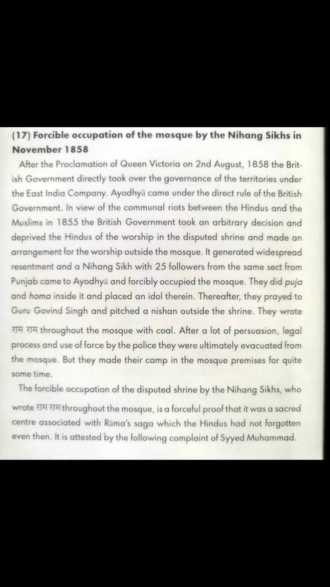 It would be surprise for many to know that it was  #Nihangs who had gall and courage to capture Babri Masjid in 1858 and perform havan in it.Historic account From Kishore Kunal's book on Ayodhya on Nihang Sikh's role in 1858 & copy of FIR.