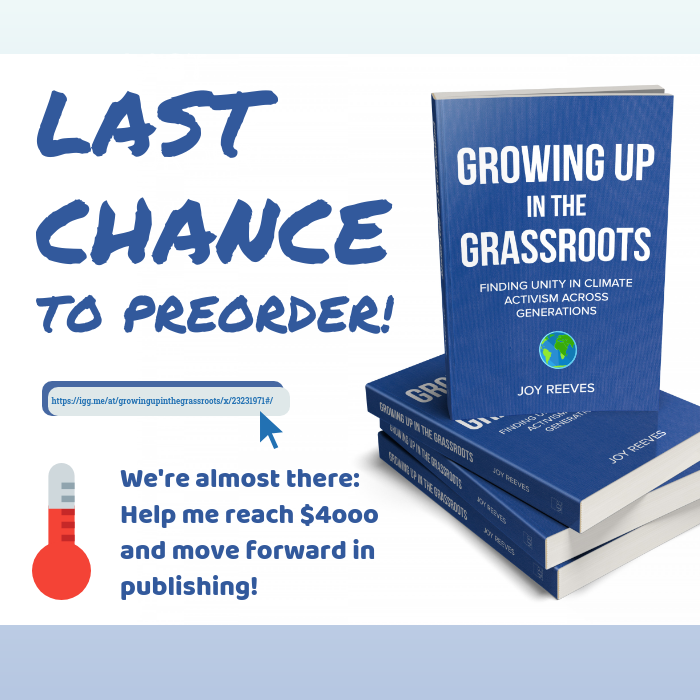 joyreev's tweet photo. 5 days left - let's do this! Link: https://t.co/mjSHXz6Ms5

#GrowingUpInTheGrassroots #climate #activism #book #presale #unifying #generations #author #firsttimeauthor #preorder #environment #green #reading #GretaThunberg #climatechange #communication https://t.co/cctcx1TGEE