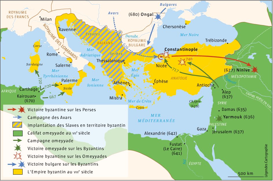 En une dizaine d’années, l’Empire perd face à ces nouveaux conquérants les territoires levantins et africains avant que la frontière ne se stabilise de facto autour des chaînes du Taurus et de l’Anti-Taurus, complexes à franchir. (37)