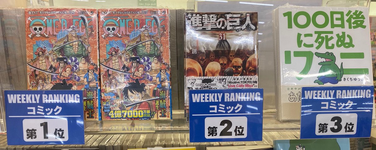 リブロ国領店 V Twitter コミックランキング 第1位 One Piece 96巻 集英社 第2位 進撃の巨人31巻 講談社 第3位 100日後に死ぬワニ 小学館 第4位 Dragonball超 巻 集英社 第5位 １日外出録ハンチョウ 巻 講談社 第6位 ブラッククローバー24巻