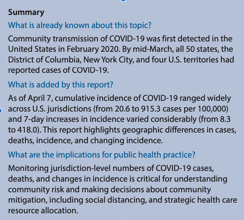 ManuelClaros's tweet photo. New report from CDC with geographic differences in COVID-19 cases, deaths, and changing incidence in the US from February 12–April 7, 2020  #MMWR #Covid_19 
https://t.co/Ie5ZMsGMfb https://t.co/1IvkEyE4rG