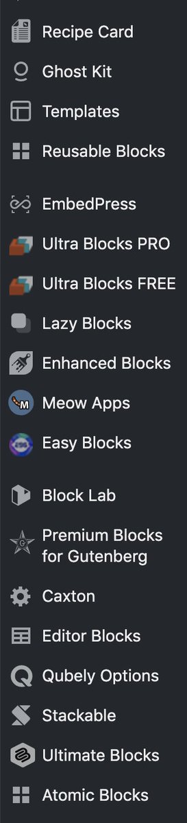 I installed 45 custom block plugins for WordPress and 21 of them added a top level admin menu. Because they're all so fucking important, right?