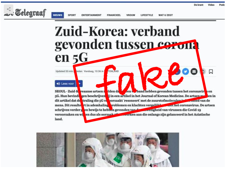 nieuwscheckers's tweet photo. Op Twitter en Facebook circuleert een vervalst screenshot van een Telegraafbericht dat verband legt tussen coronavirus en 5G. Dit bericht is nooit gepubliceerd door De Telegraaf. https://t.co/I5h8cQMLsv https://t.co/RtfOGi1tJD