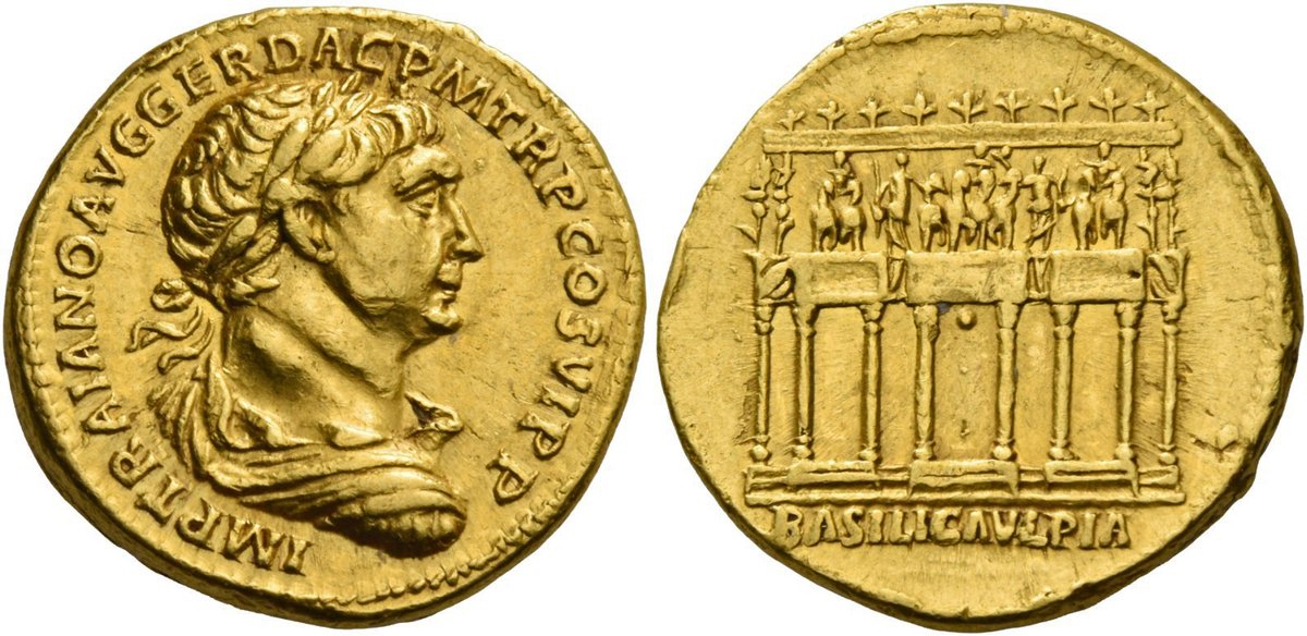 The facade is shown on coins of Trajan celebrating the structures in his new Forum. The central portico was crowned by a gilt-bronze triumphal quadriga (four-horse) chariot driven by Trajan and the side porticoes were each topped by a biga (two-horse) chariot.  #LostRome