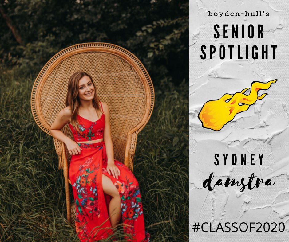 Senior Spotlight-Sydney Damstra
Involved in track, XC, BB, FCA, NHS, student council &amp; officer, pep club, speech, quiz bowl, Kid’s Club, youth group &amp; works at Crossroads Pavilion. Plans to attend Iowa State for finance &amp; favorite memory was running in the rain at State track.