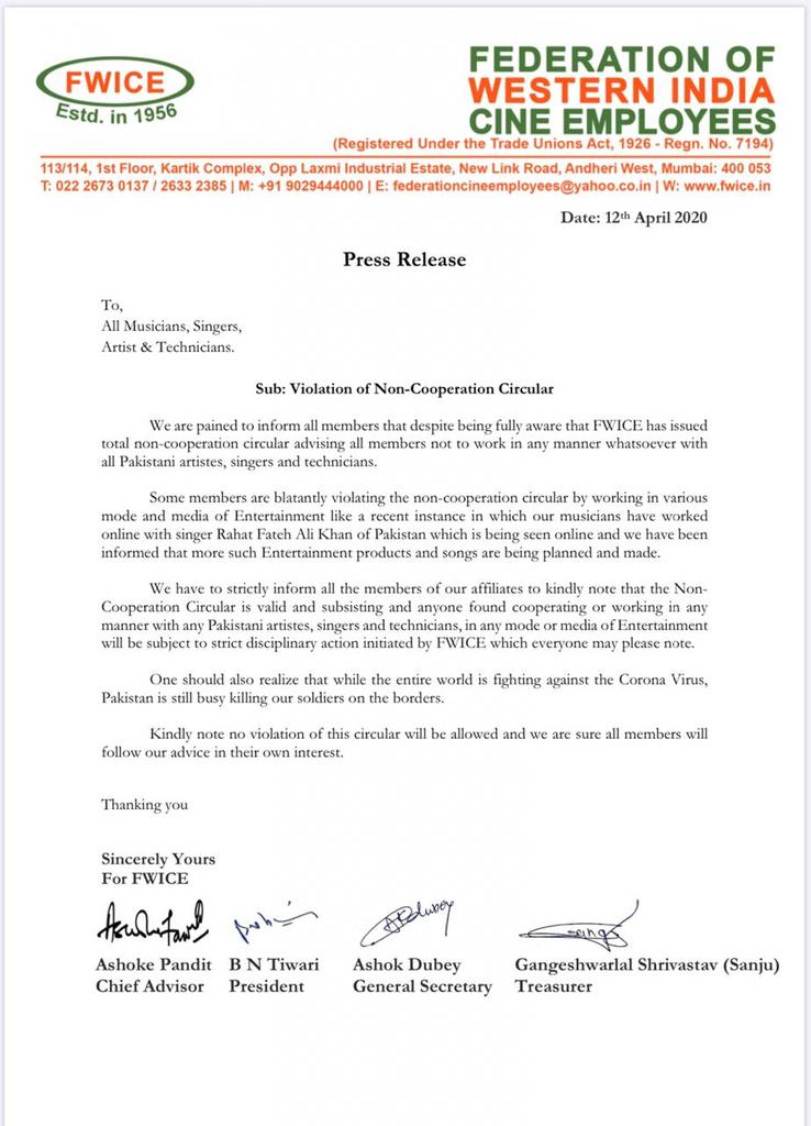 No working with #Pakistani artists, singers, technicians, no working on digital platforms too... #FWICE issues stern warning... OFFICIAL STATEMENT...