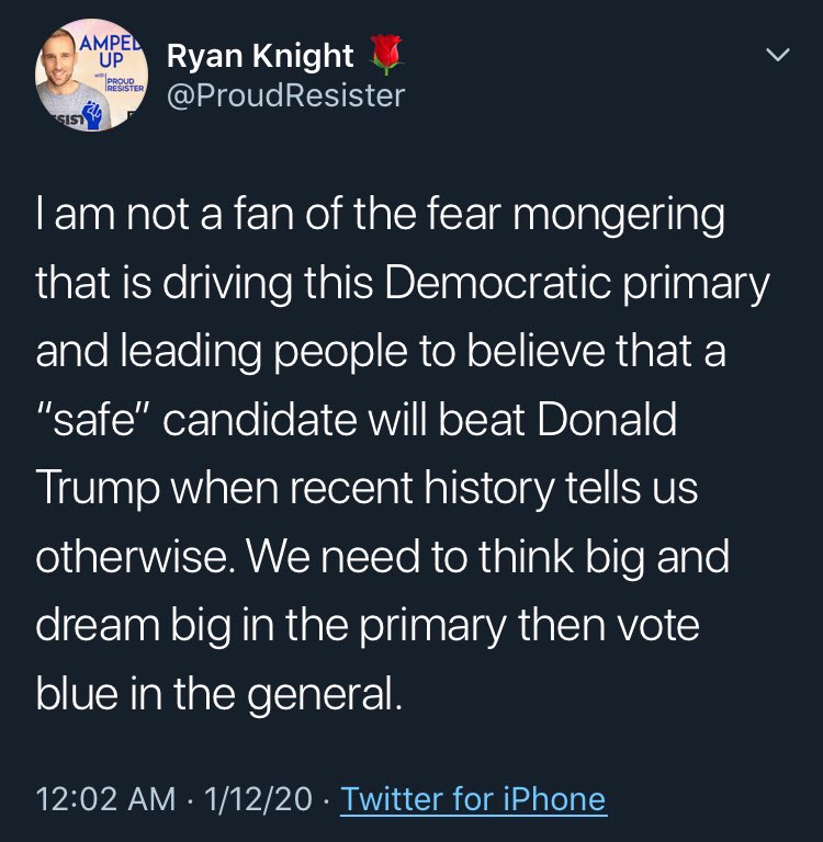 On 1/12/2020, RK states, “We need to think big and dream big in the primary then vote blue and the general.”