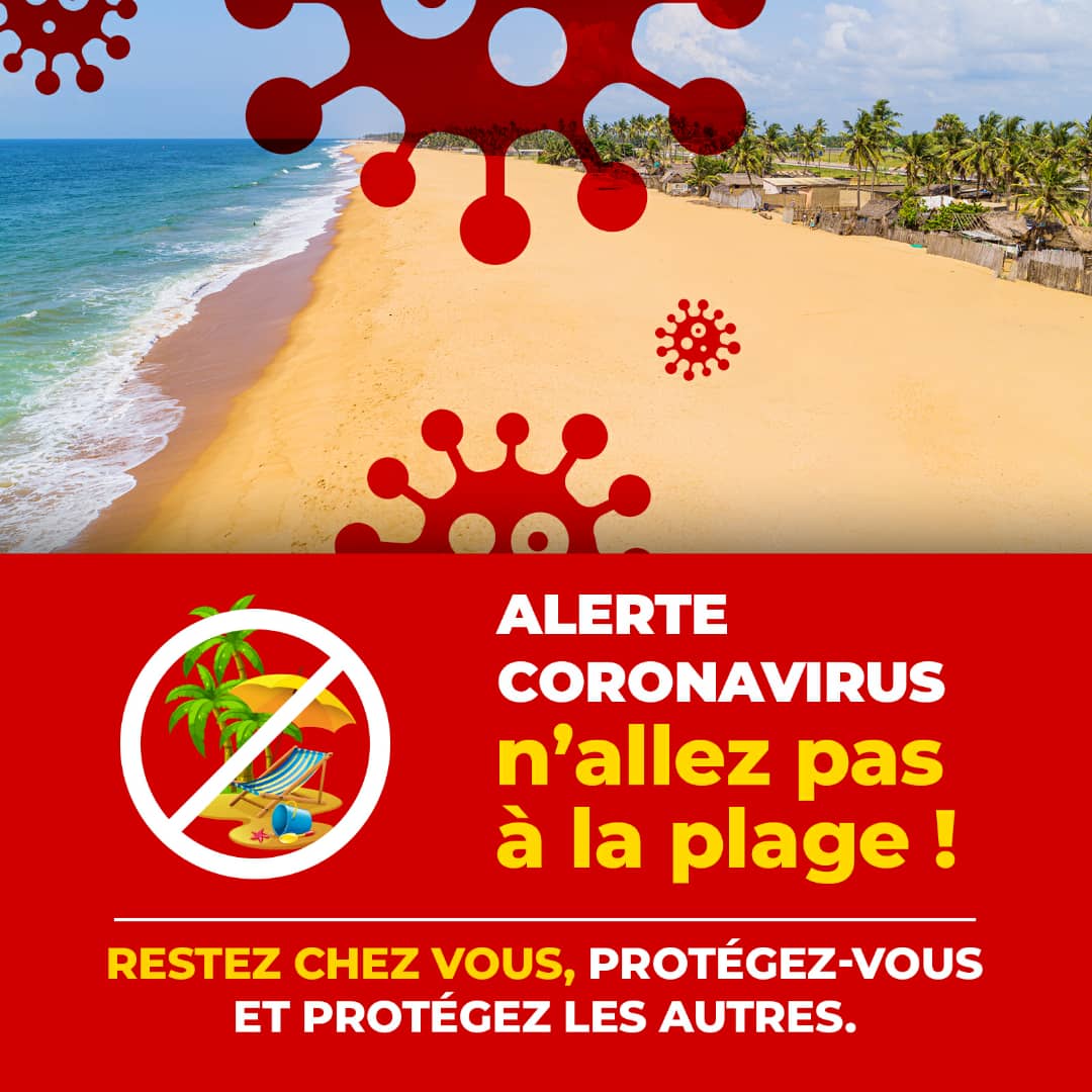 gouvbenin's tweet photo. 🚨 #CORONAVIRUS🚨
Les plages sont souvent bondées en période de fêtes pascales,mais comme l'exigent les consignes officielles,réduisez vos déplacements pour ne pas être vecteurs de propagation. 
⛔🏝️ N'allez pas à la plage 
Restez chez vous
Protégez-vous pour protéger les autres. https://t.co/fphxGcZciL