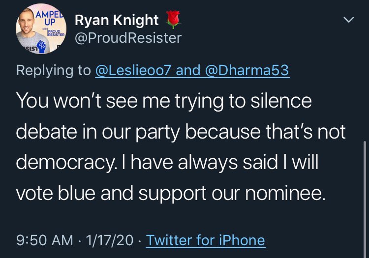 On 1/17/20, RK states, “I have always said I will vote blue and support our nominee.”