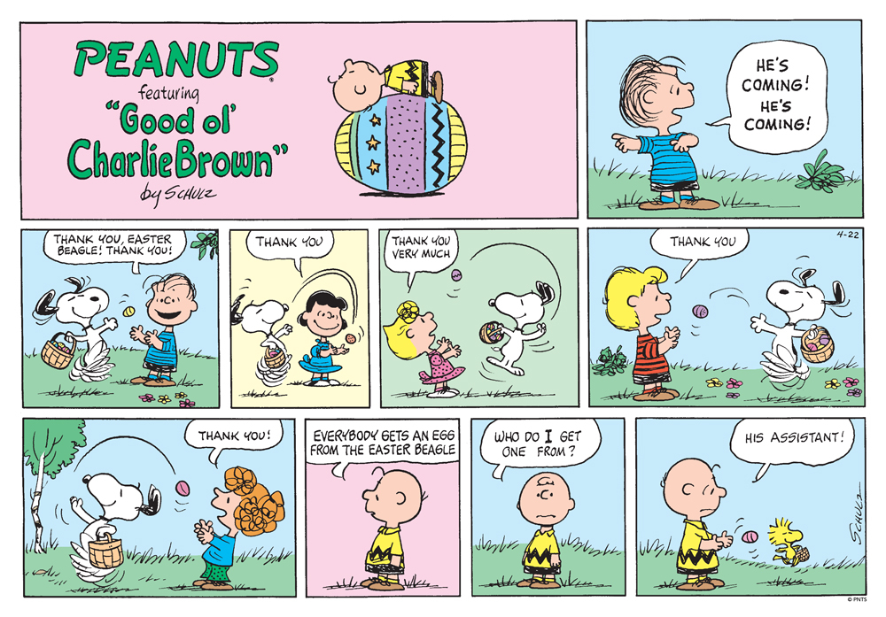 SchulzMuseum's tweet photo. 🐰 Happy Easter, Peanuts fans! Don't forget to thank the Easter Beagle for those festive eggs. 😉 This Peanuts strip was first published on April 4, 1973.⁠ https://t.co/GyD4N0M415