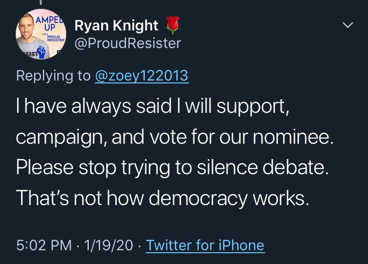 On 1/19/2020, RK states, “I have always said I have a support, campaign, and vote for our nominee.” No talk of the nominee earning votes or jumping through hoops.