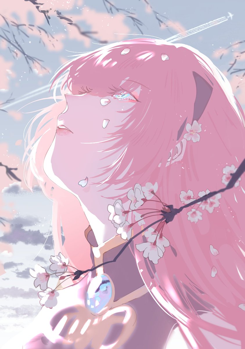 megurine luka 1girl looking up pink hair solo long hair pink theme cherry blossoms  illustration images