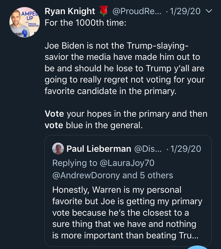 On 1/29/2020, RK again restates this thought: “ without your hopes in the primary and then vote blue in the general.” Again, no talk about the nominee needing to earn votes.