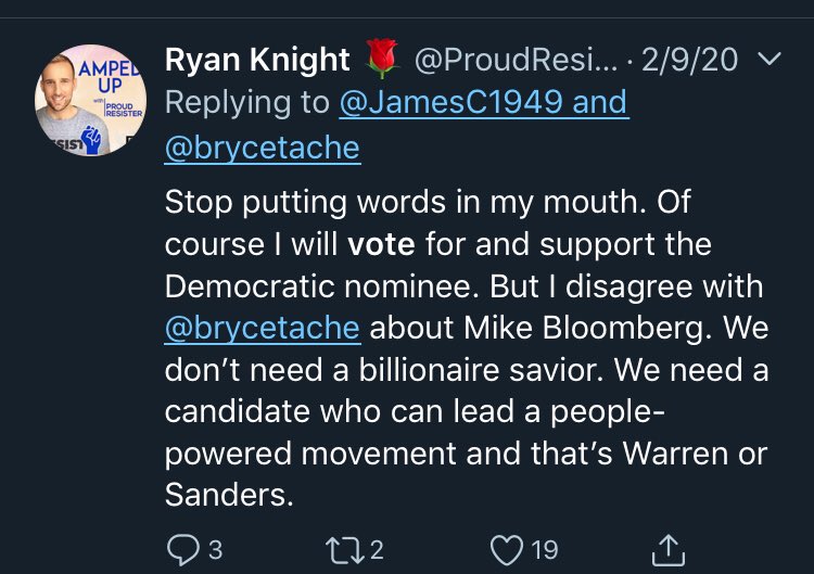 On 2/9/2020 RK snarkily orders someone to stop putting words in his mouth, following with “Of course I will vote for and support the Democratic nominee.”