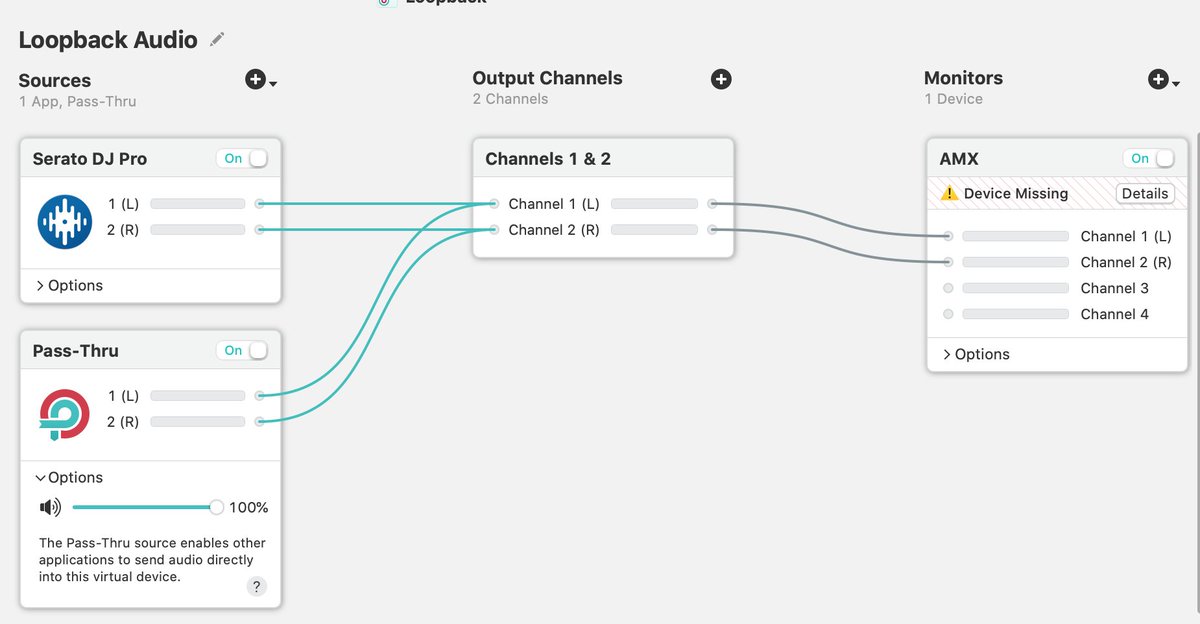 1. Loopback lets me turn Serato into an audio device so I can route that audio wherever I want w/o a physical interface:  https://rogueamoeba.com/loopback/ 