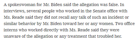 The NYT tells us over and over again that the large numbers of people she never told about the incident don't remember it. Denials by his most loyal staff take up a significant amount of the piece. It even goes out of its way to say, "Hey, just so you know, Trump's worse anyway."